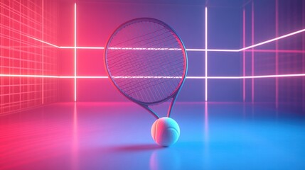 Wall Mural - Tennis racket and ball in neon light.