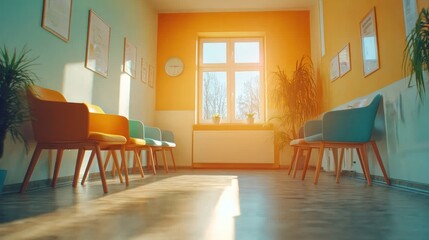 Poster - Sunny waiting room with colorful chairs and plants.