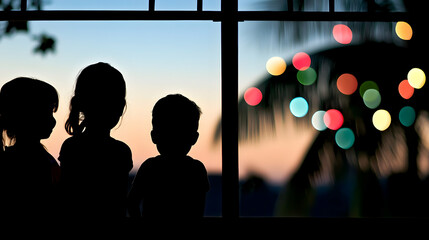 Children gazing through window at dusk with bokeh lights. Childhood wonder, family moment, or vacation concept