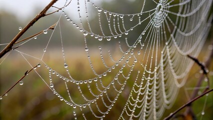 Close-Up of Dew-Covered Spiderweb