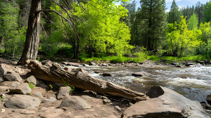 Wall Mural - Fallen tree trunk by river in forest. Serene nature scene showcasing river and lush greenery. For travel, tourism, nature concepts