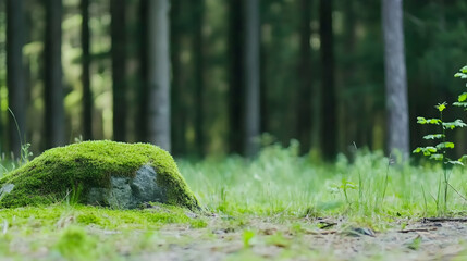 Wall Mural - Green moss on a rock in forest. Natural setting for background or use in advertisements