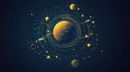 Wall Mural - Abstract cosmic artwork of a planet with orbiting celestial bodies and constellations.