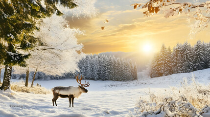 Wall Mural - Reindeer standing on snow, during sunrise in winter, in forest and fields. For postcards, greetings, backgrounds, nature, or landscapes