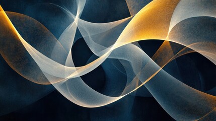 Sticker - Abstract gold & white waves flowing on dark background; digital art for website design