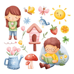 Wall Mural - Watercolor Illustration Set of Kids and Spring Elements Clipart