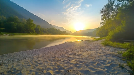 Wall Mural - Serene river reflects sunrise over mountains; tranquil misty nature scene for relaxation, backgrounds or inspirational travel publications