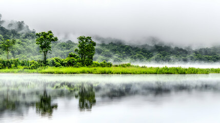 Wall Mural - Tranquil landscape Misty lake reflecting green trees in a natural serene setting, ideal for nature documentaries and serene travel imagery