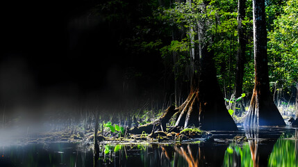 Wall Mural - Water view of trees reflecting in swamp waters surrounded by forest. Nature photography, travel, backgrounds