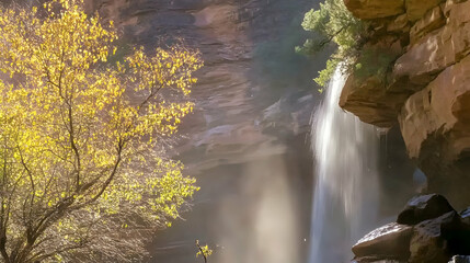 Wall Mural - Waterfall plunges into canyon under the forest canopy. Use for travel, vacation, background