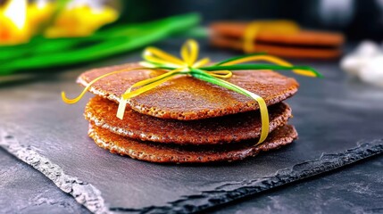 Wall Mural - A stack of decorative cookies tied with a ribbon on a dark surface.