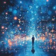 © STwul - Man contemplates futuristic cityscape at night; digital art, website banner
