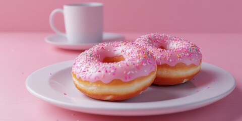 Delicious pink frosted donuts served on a plate with a white coffee cup in the background