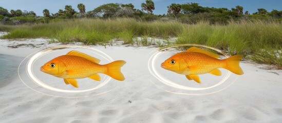 Two Goldfish on Beach, Coastal Grass Background, App Interface