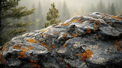 Lichen-covered rock, mountain forest, autumn mist, nature background, website banner