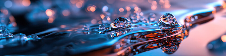 Wall Mural - Water Droplets on Reflective Surface with Blue and Orange Lighting