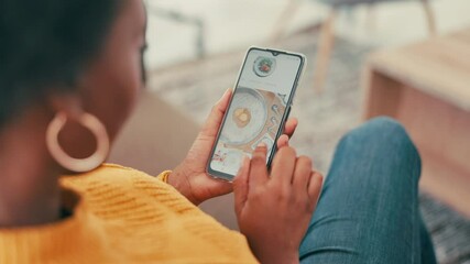 Aufkleber - Woman, hands or restaurant menu with phone screen for food, online shopping or order above on sofa at home. Top view, female person or mobile smartphone with website for delivery app, meal or takeout