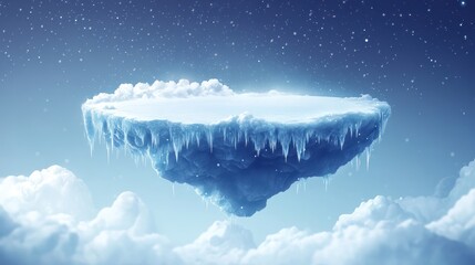 Poster - Frozen island floating on clouds under starry night sky.