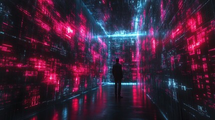 Man in data-filled digital room, exploring futuristic code, glowing neon background; tech concept
