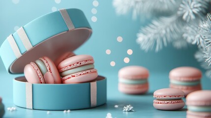 Wall Mural - Pink macarons in a teal gift box, winter scene.