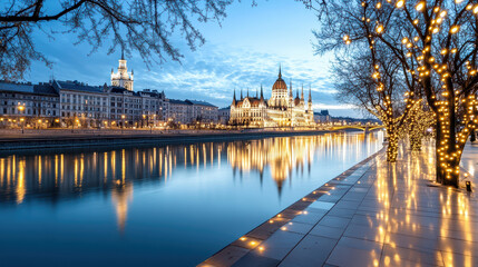 Sticker - stunning view of illuminated Parliament Building by river at dusk