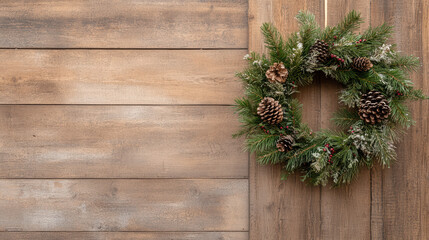 Wall Mural - festive wreath made of pinecones and berries on wooden wall