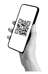 Wall Mural - smartphone displaying qr code for digital payment and identification. hand holding mobile device for