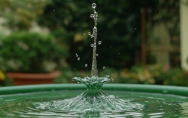 Poster - Water drop splash on green basin; garden background; abstract; close-up; still life; high-speed shot; for a desktop screensaver