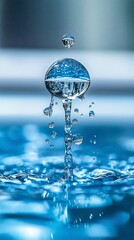 Poster - Water droplet splash,  abstract, blue background, closeup.  Possible use stock photography