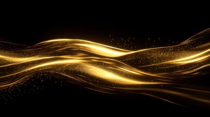 Wall Mural - Abstract golden waves with sparkles on black background.