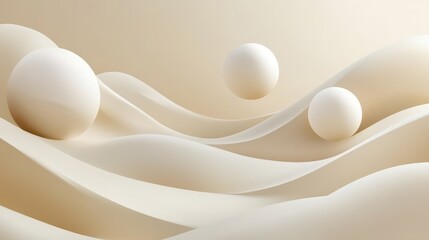 Wall Mural - Abstract beige waves with three floating spheres.