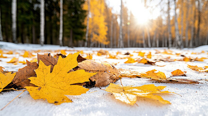 Wall Mural - Golden autumn leaves on snow in serene forest landscape