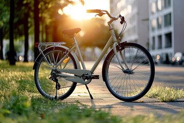 Urban Bicycle Parked on City Street at Sunset