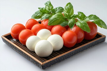 Wall Mural - Fresh cherry tomatoes, mozzarella cheese, and basil leaves creating italian flag colors on serving tray