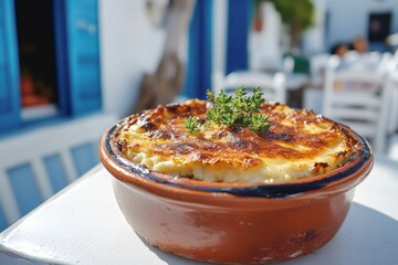 Wall Mural - Traditional greek moussaka garnished with fresh thyme in a terracotta dish