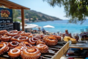 Wall Mural - Grilled octopus tentacles drying in the sun on a beach restaurant in greece