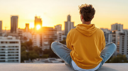 Wall Mural - young person sitting on rooftop at sunset, enjoying view