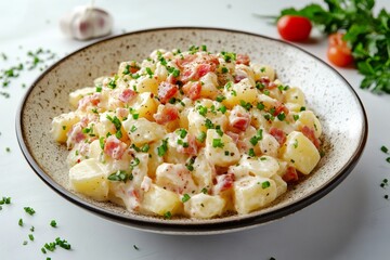 Wall Mural - Creamy potato salad with bacon and chives dressing