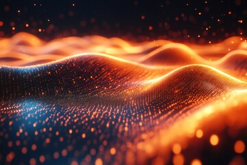 Wall Mural - orange particles flowing and forming digital landscape in cyberspace