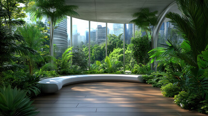 Wall Mural - serene indoor space with lush greenery and city views, blending nature and architecture