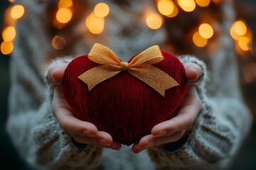 Wall Mural - Woman holding red heart with golden bow in front of christmas lights