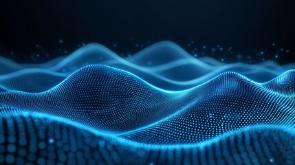 Abstract Dark Blue Geometric Waves with Glowing Nodes. Digital Data Flow, Technology Background.