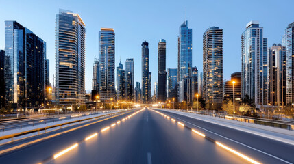 Sticker - Modern urban skyline with skyscrapers and illuminated road at dusk