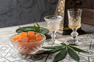 Delicious orange cannabinoid gummies in crystal bowl on table cbd thc leaf hemp food calm candy sweet