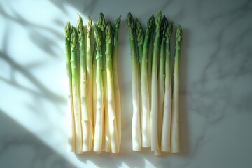 Wall Mural - Fresh green and white asparagus stalks on marble surface