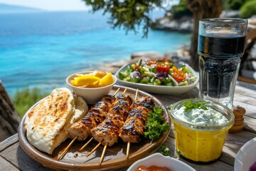 Sticker - Delicious souvlaki with pita bread and fresh salad enjoying the summer breeze by the sea