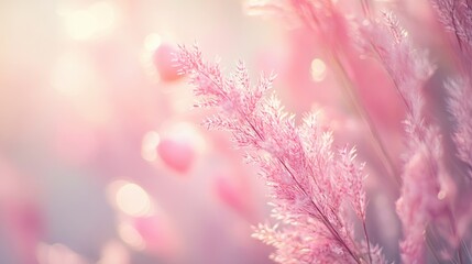 Poster - Pink Flowers in Soft Sunlight Delicate Floral Meadow Background