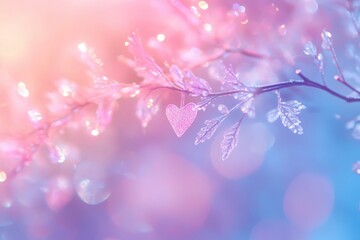 Wall Mural - Pink Heart on a Frost Covered Branch in Pastel Colors