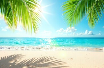 Tropical background palm leaves, seashore, golden sand beach, bright sunny sky