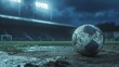 © sabtain - A soccer ball resting on freshly cut grass in a stadium, styled under bright spotlights